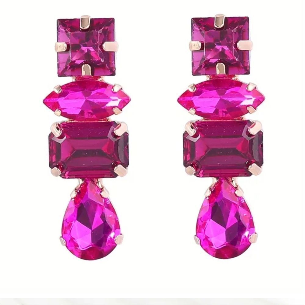 Pink Rhinestone Drop Earrings - Picture 3 of 4